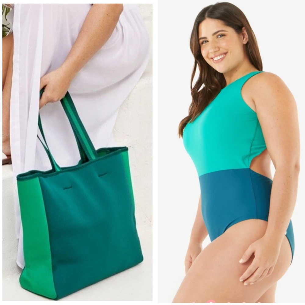 SummerSalt NEW COVE One Piece Swimsuit Size 14 AND Matching Tote Bag Blue Green